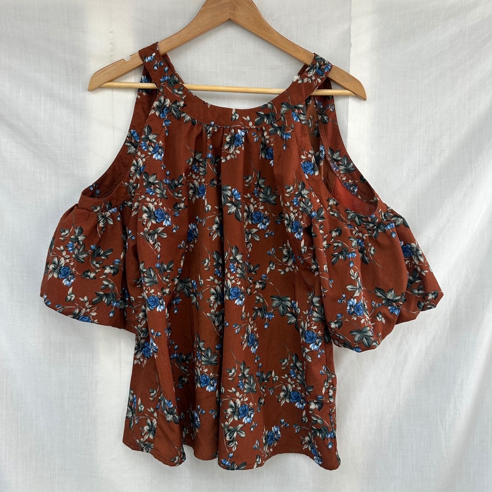Entro women's Medium Cold Shoulder Blouse Rust Floral Print Bell Sleeve Tie Back